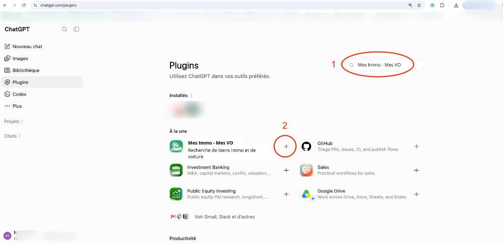 Recherche et ajout du plugin Mes Immo - Mes VO dans ChatGPT